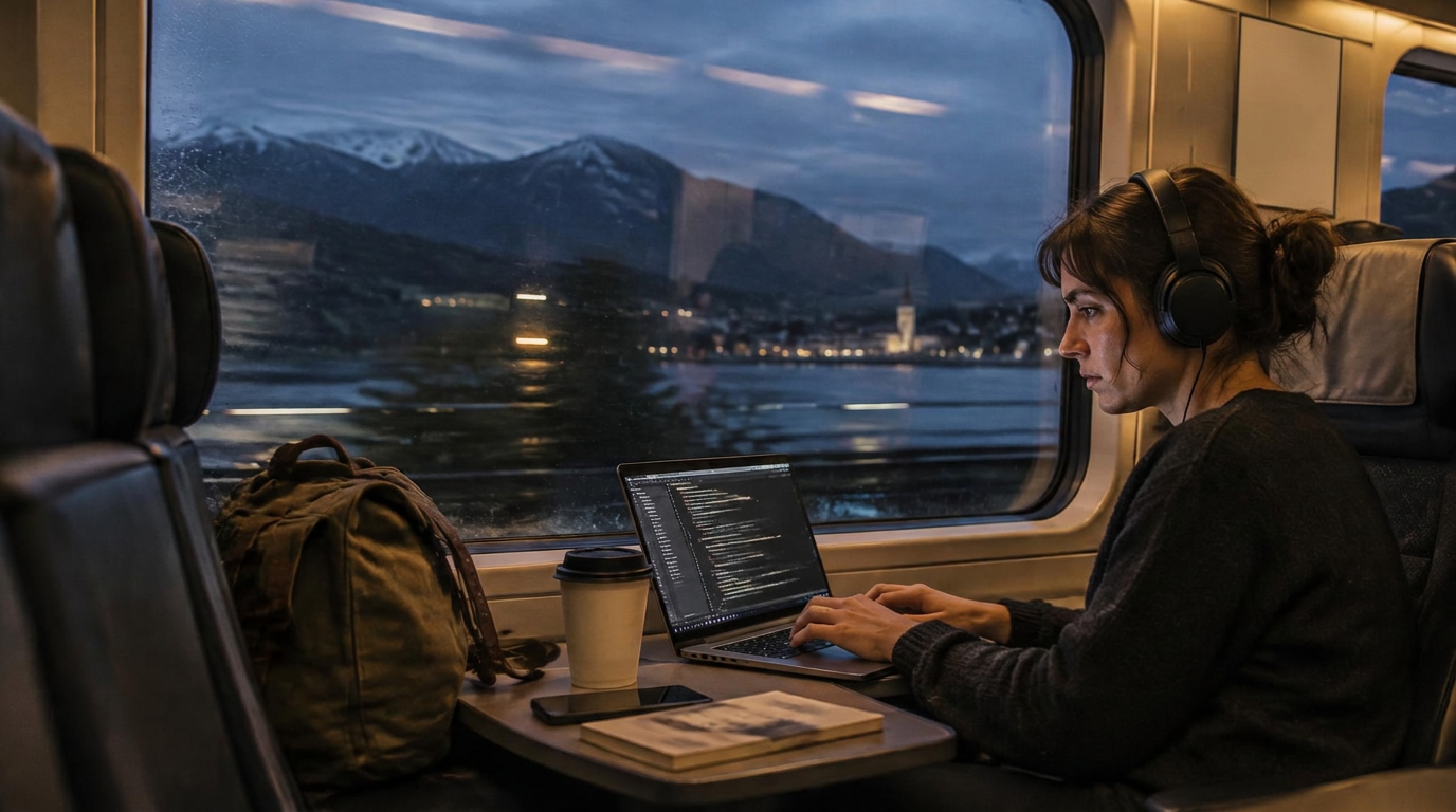 An engineer in headphones writing code on a laptop beside a train window at dusk, mountains and a lakeside town passing outside