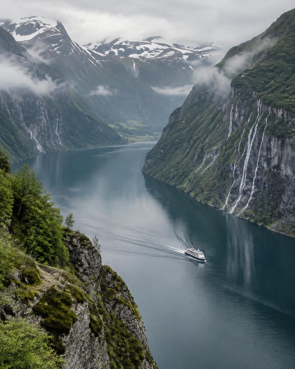 A coastal ferry crossing a still Norwegian fjord between steep green cliffs and waterfalls