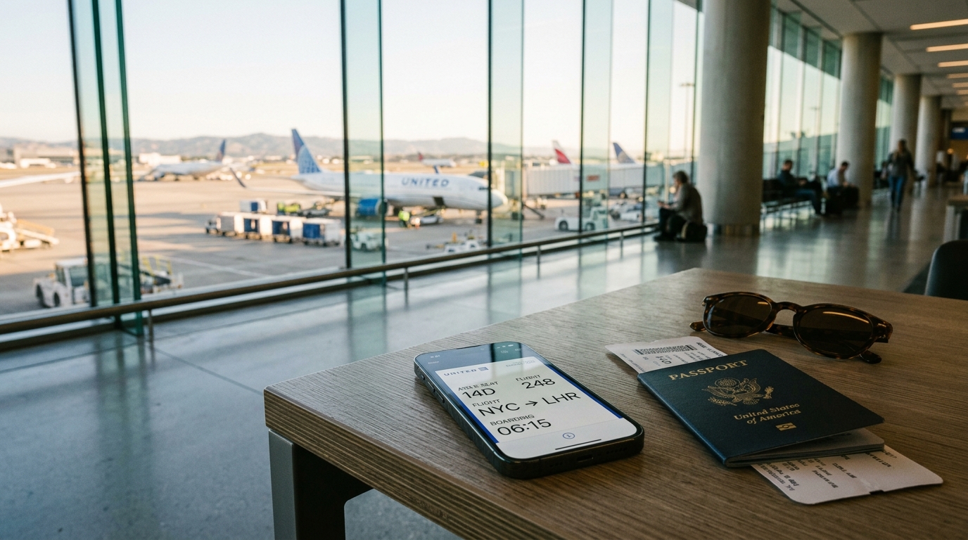 Smartphone with digital boarding pass and passport on airport lounge table overlooking the tarmac