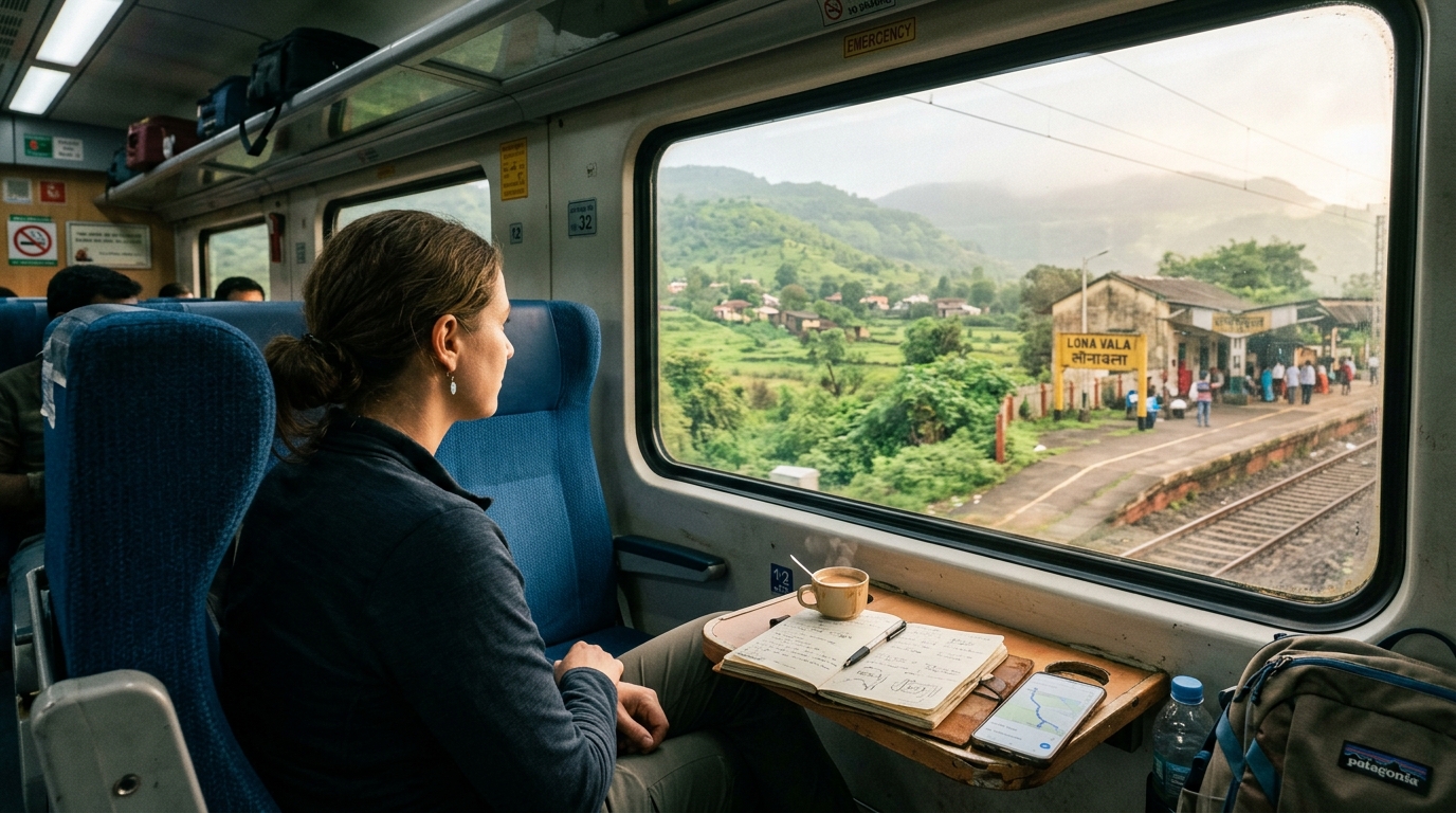 Traveler on a modern express train in India observing lush hillside stations with a travel notebook and hot chai
