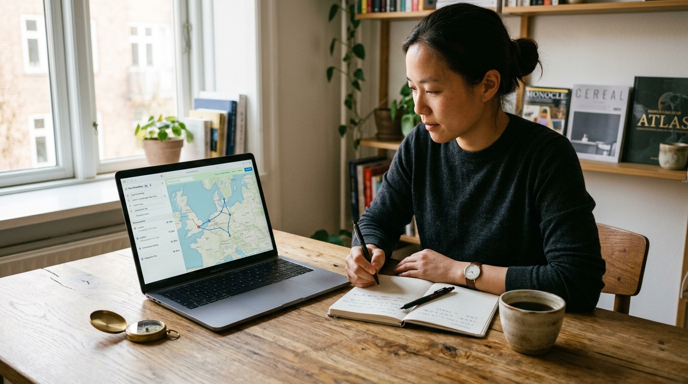 Traveler and engineer reviewing multi-city geographic routing on a laptop and notebook in natural light