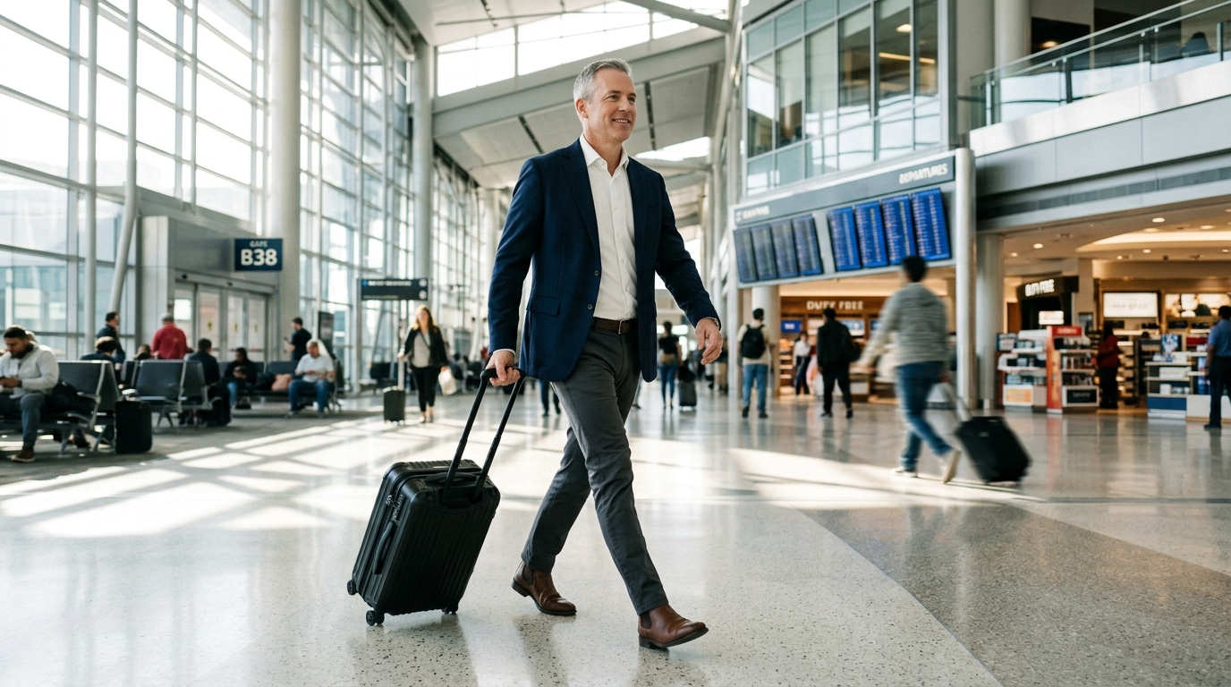 Business traveler moving smoothly through an airport departure terminal