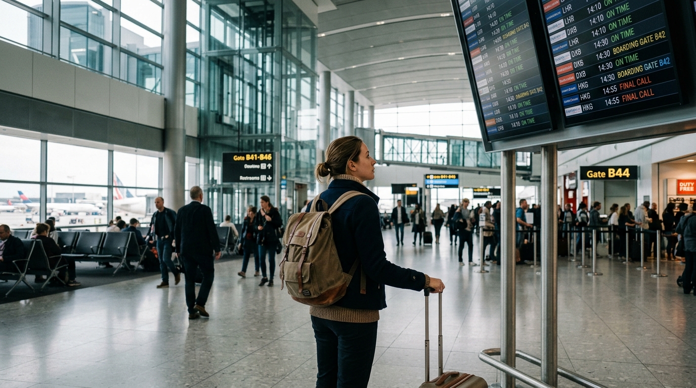 Traveler in airport terminal with live flight information display