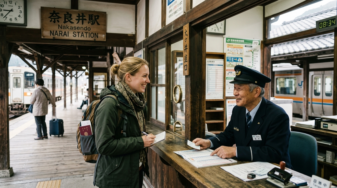 Traveler having a polite conversation with a local train station attendant in Japan