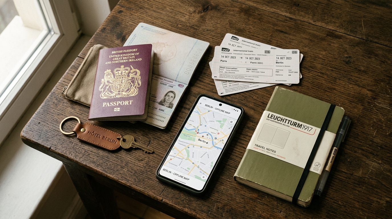 Travel readiness desk with passport, tickets, and offline emergency map