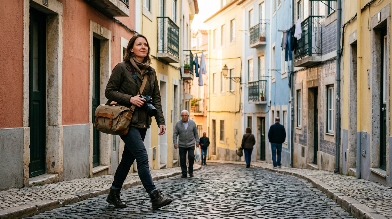 Travel filmmaker walking through morning cobblestone streets of Lisbon