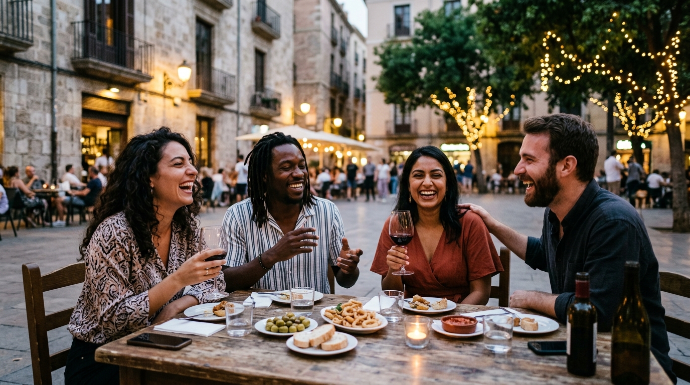 Group of friends talking and laughing over a shared dinner
