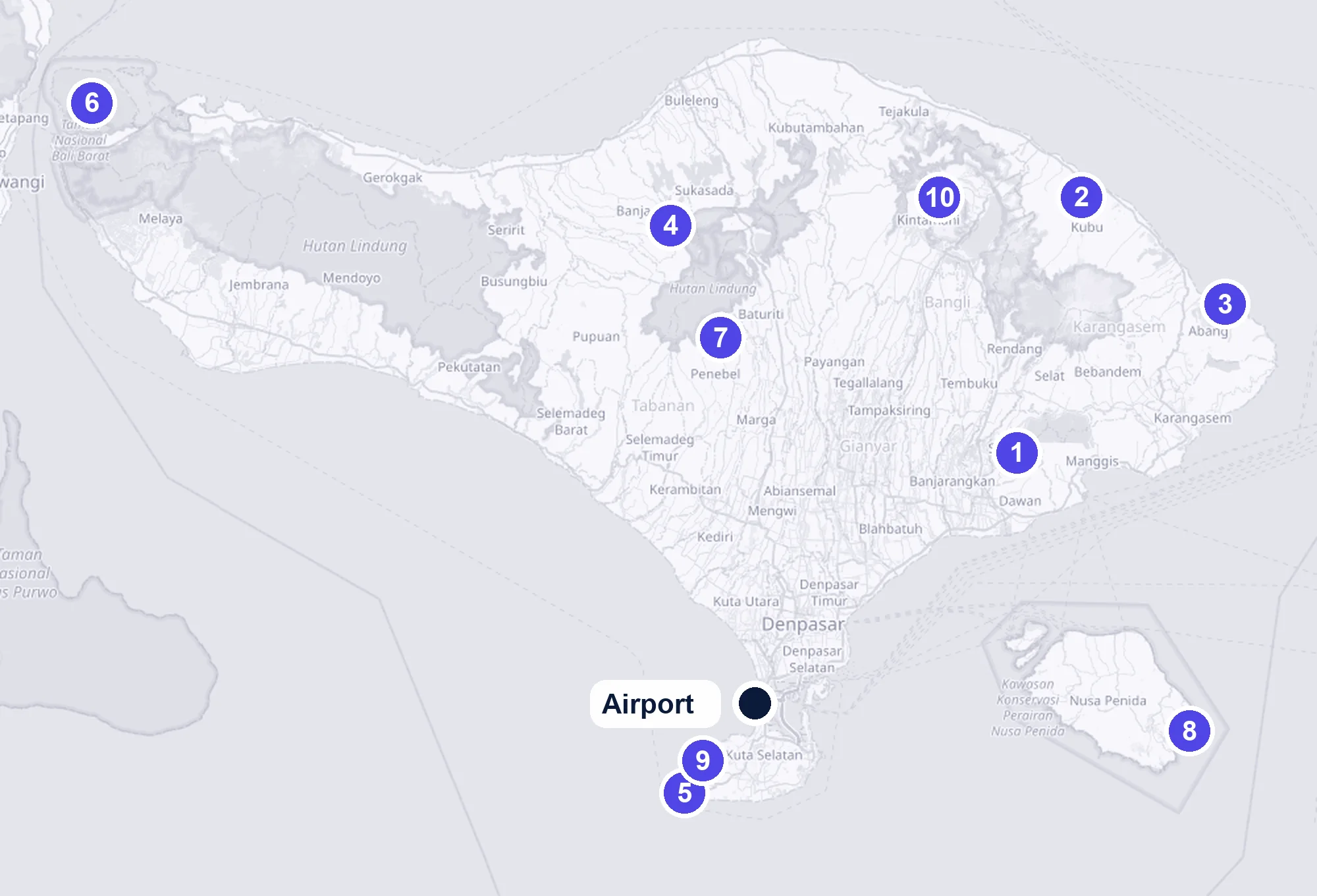 A map of Bali with the ten places from the video numbered, spread across the island and Nusa Penida