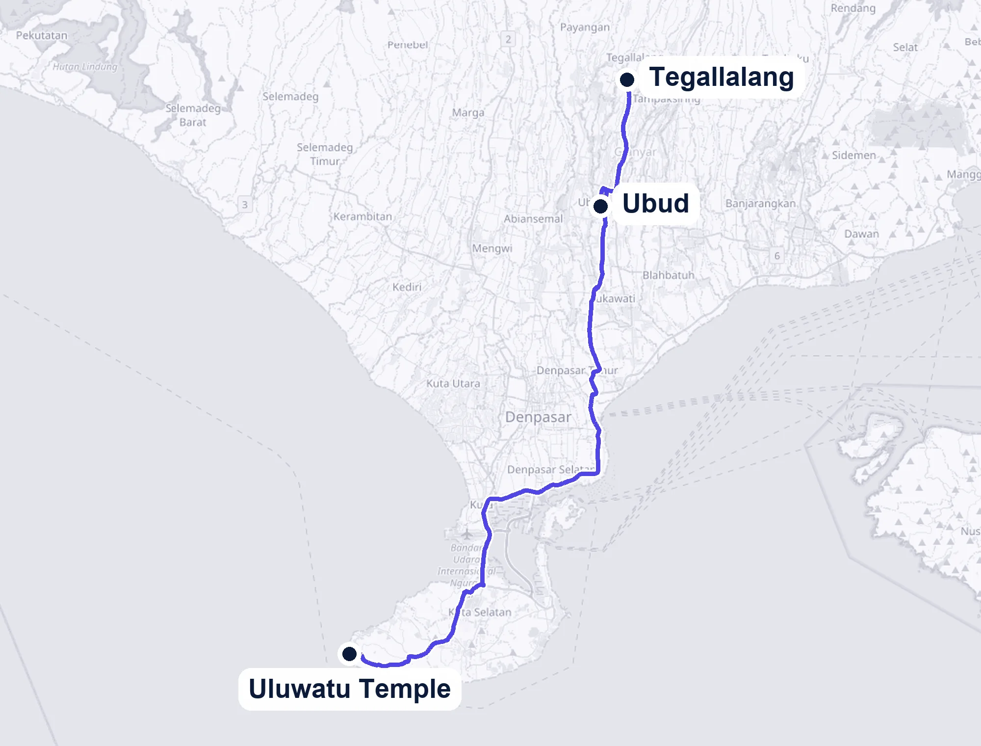 A map of Bali showing the road from Tegallalang through Ubud to Uluwatu Temple