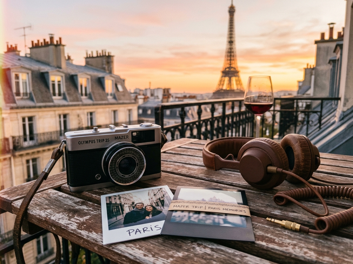 Traveler reviewing trip recap memories and travel statistics