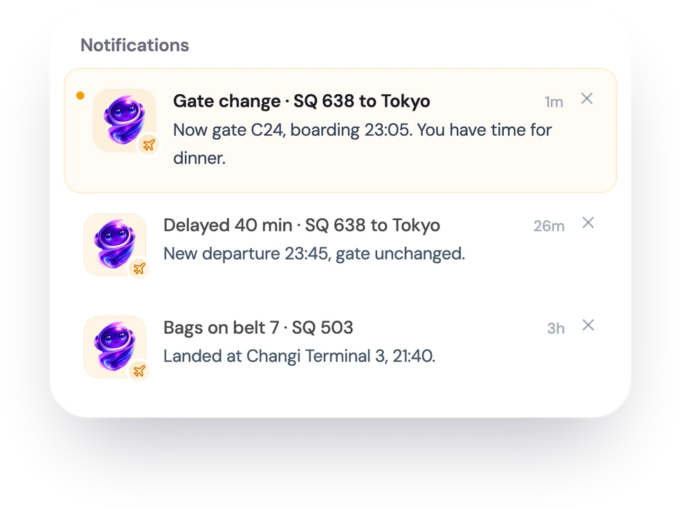 TripMazer flight alerts: a gate change, a 40 minute delay and a baggage belt