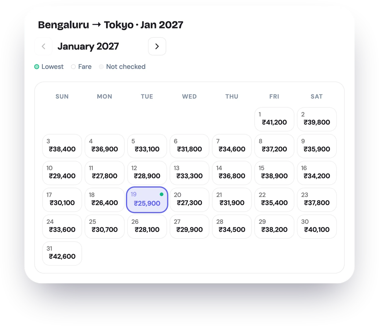 A price calendar for Bengaluru to Tokyo
