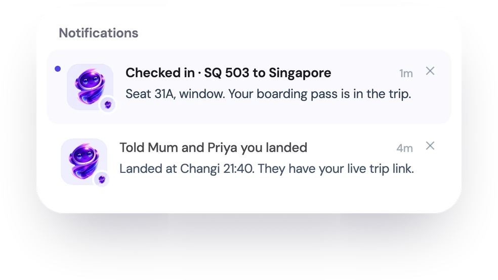 TripMazer notifications: checked in on SQ 503 with seat 31A, and family told you landed