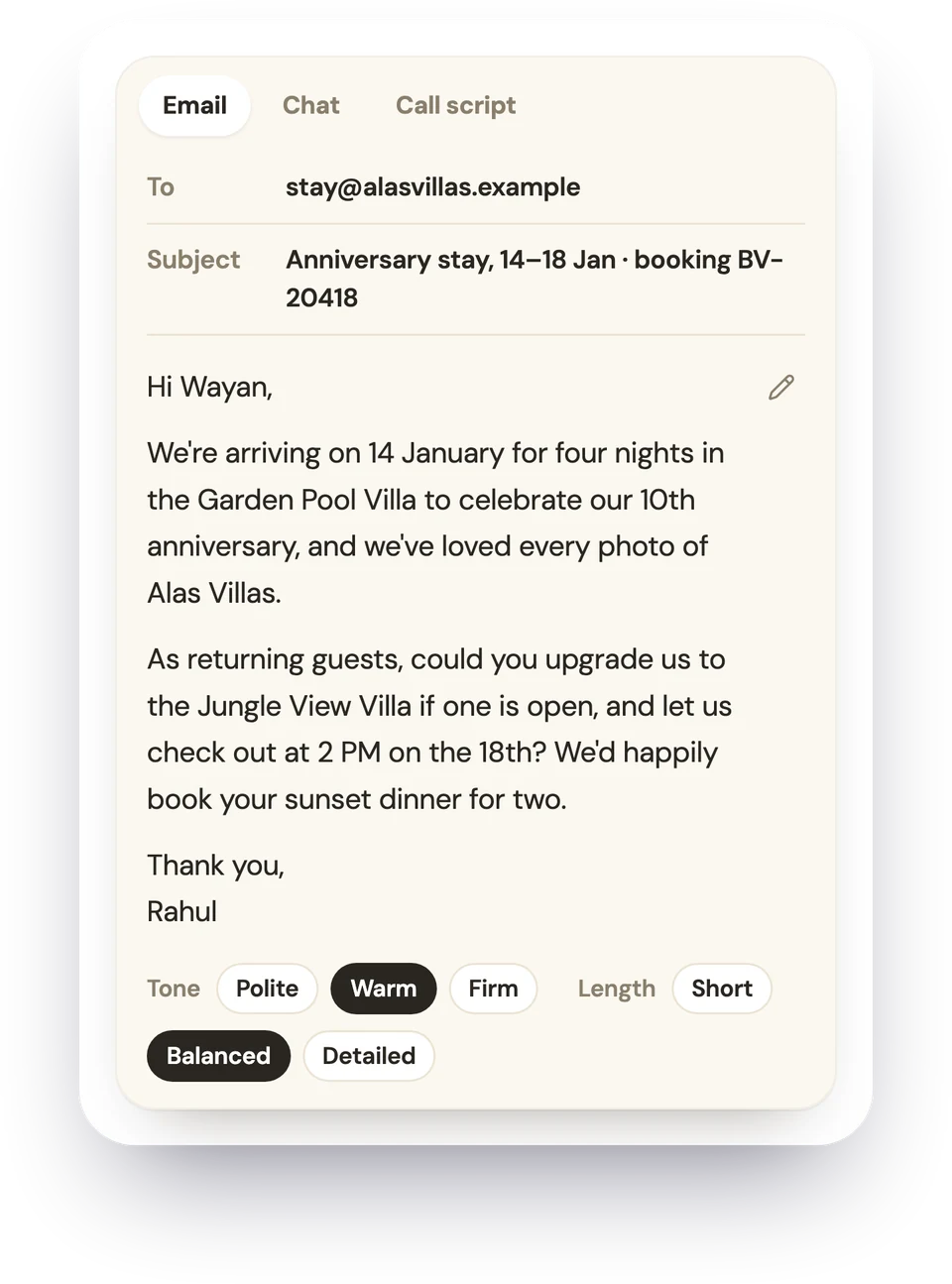 A negotiation letter Mazer drafted for an anniversary stay