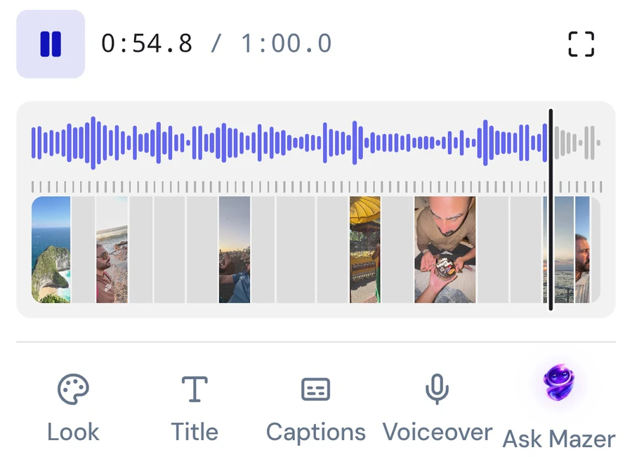 The Mazer Cuts editor: a waveform, cuts on a timeline, and Look, Title, Captions, Voiceover and Ask Mazer