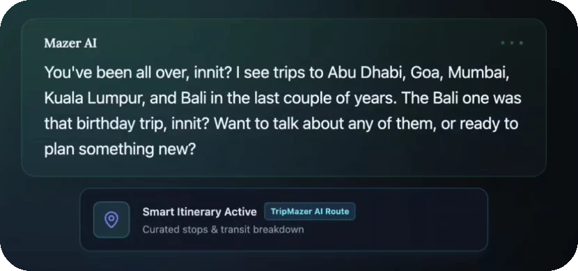 Mazer Live listing the trips it remembers: Abu Dhabi, Goa, Mumbai, Kuala Lumpur and Bali
