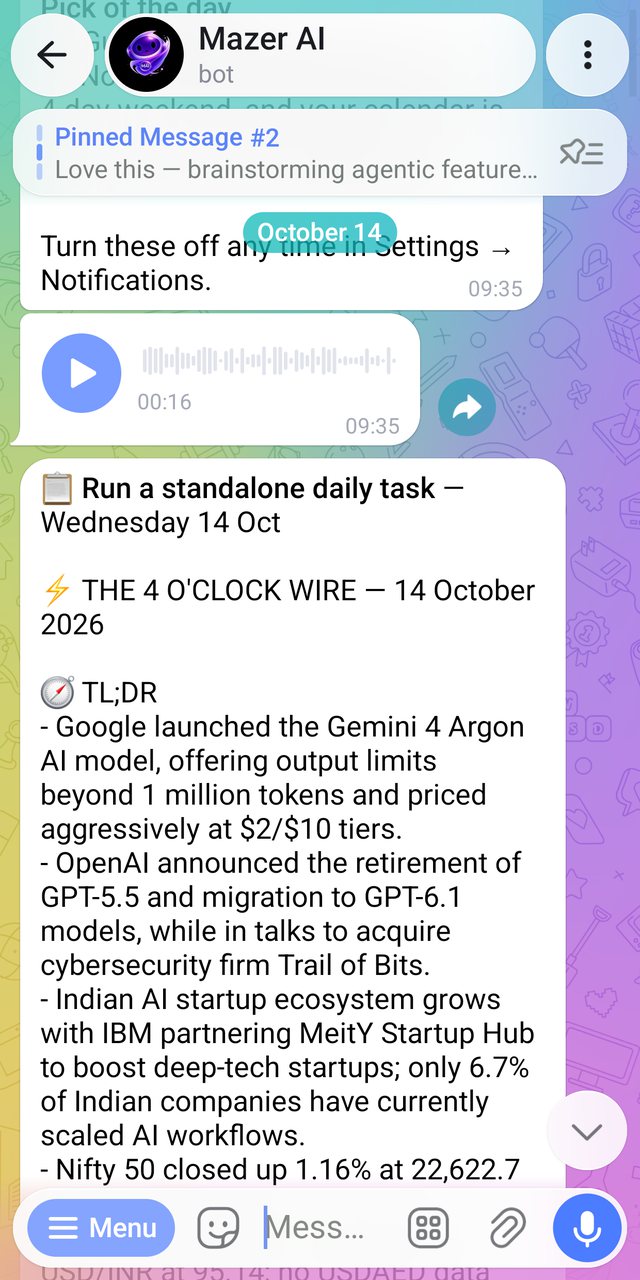 A real Telegram message: a daily news brief Mazer wrote as a scheduled task