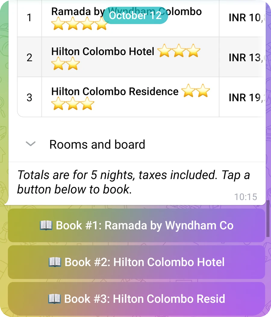 A real Telegram chat: a shortlist of Colombo hotels with a Book button for each