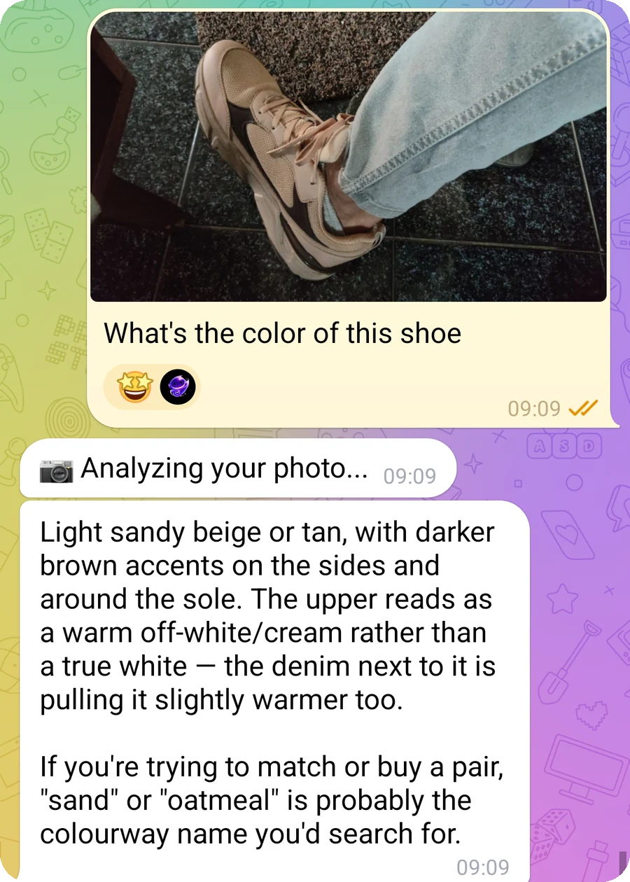 A real Telegram chat: Mazer names the colour of a shoe in a photo and suggests what to search for