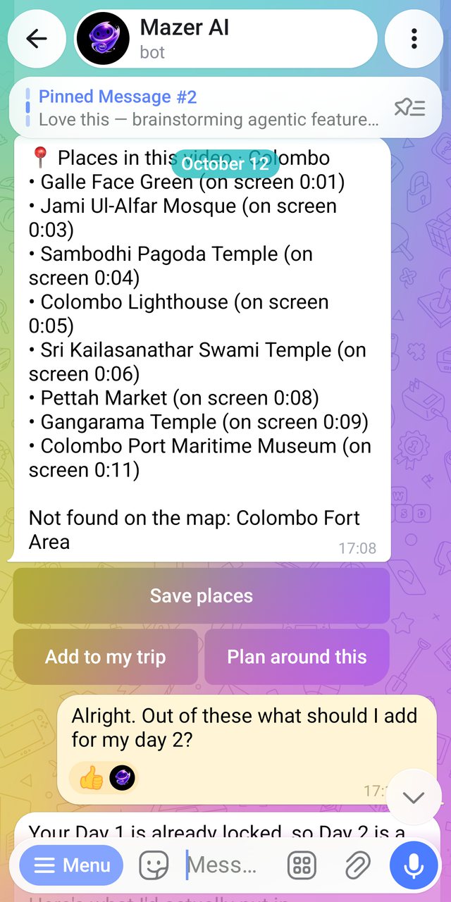 A real Telegram chat: ten places from a Colombo video, with Save places, Add to my trip and Plan around this buttons