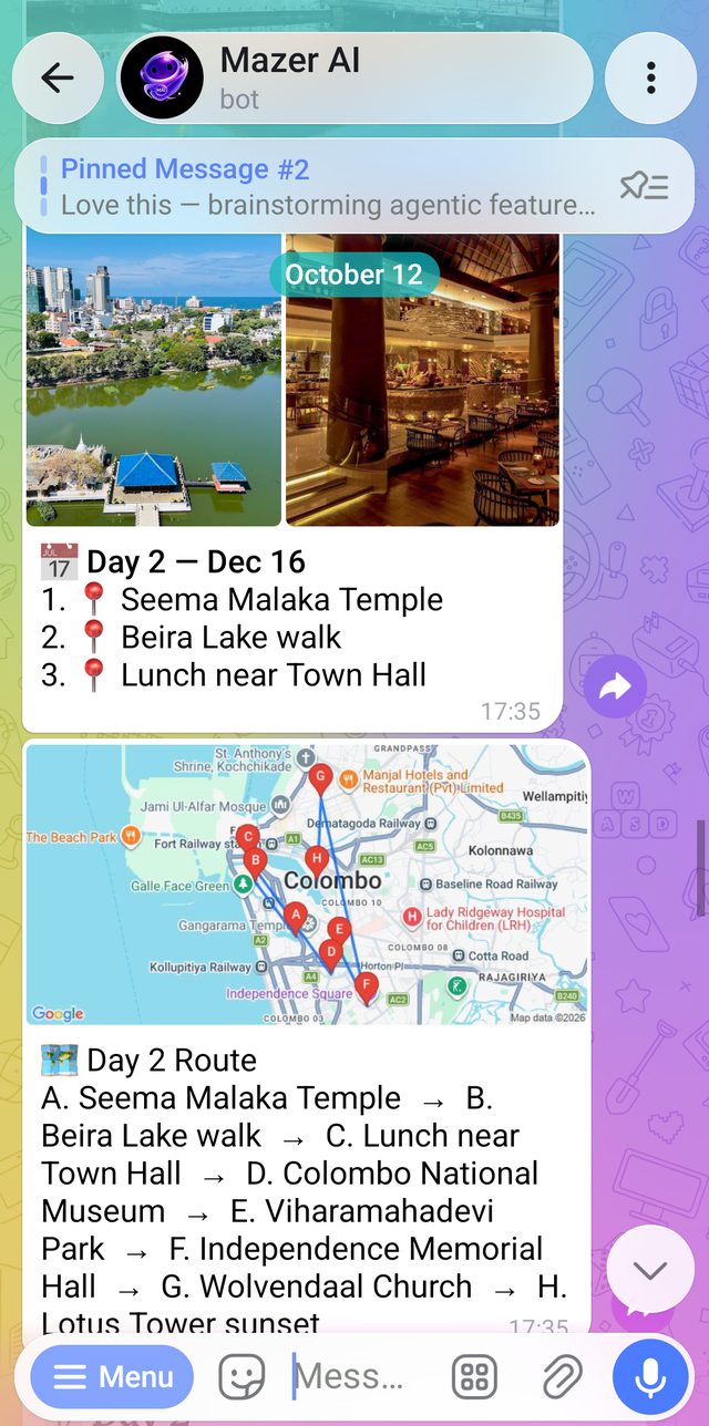 A real Telegram chat: a Colombo day with its stops and route on a map