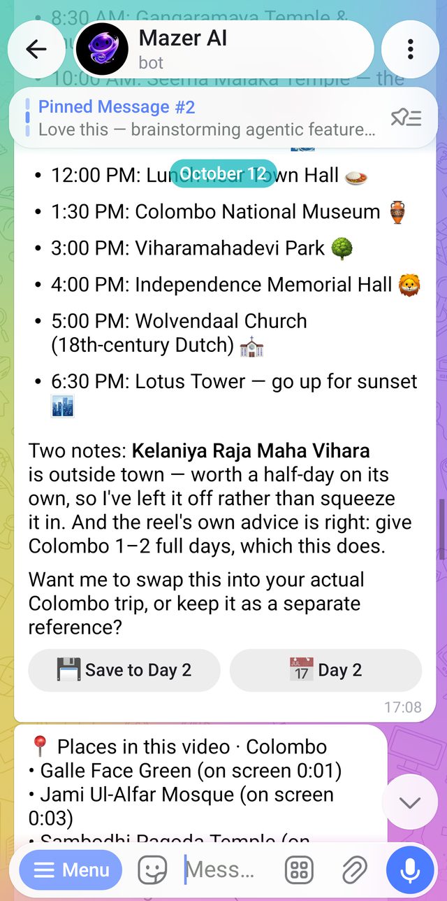 A real Telegram chat: a Colombo day built from a reel, with a Save to Day 2 button