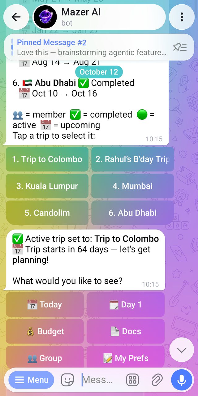 A real Telegram chat: a list of trips, and buttons for today, budget, docs and the group