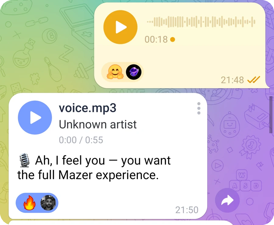 A real Telegram exchange: a voice note to Mazer, and Mazer answering with one of its own