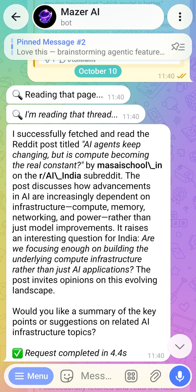 Mazer on Telegram, reading a Reddit thread and summarising it