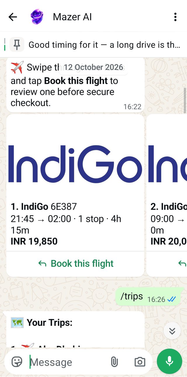 A real WhatsApp chat: IndiGo flights from Kochi to Colombo, with a Book this flight button