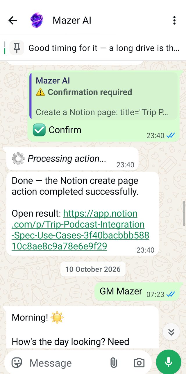 A real WhatsApp chat: Mazer asks for confirmation before creating a Notion page, then reports it done