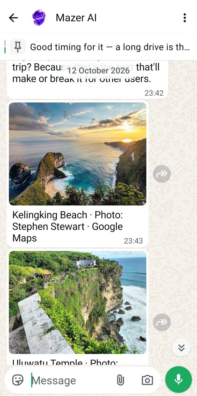 Mazer on WhatsApp, replying with photos of Bali