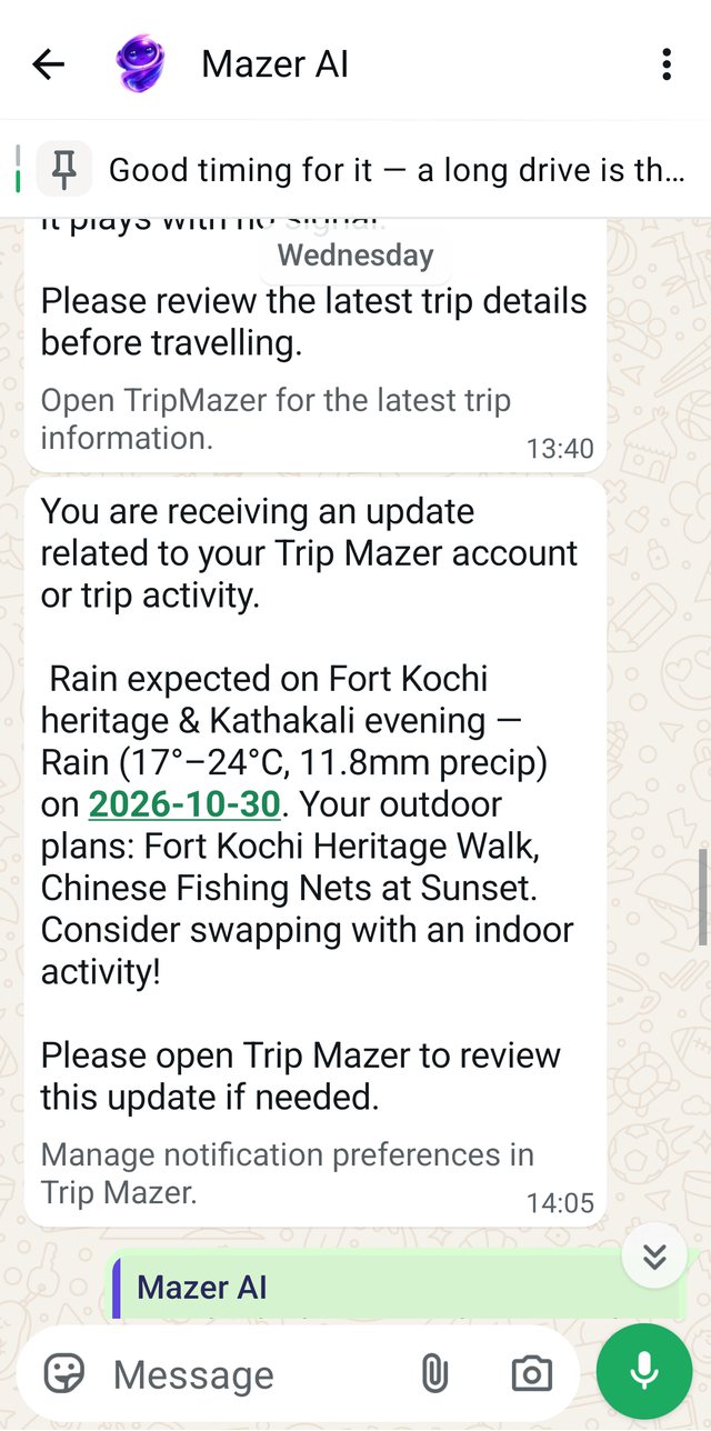 A real WhatsApp message from Mazer warning of rain on a Fort Kochi heritage walk