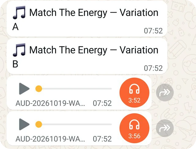 A real WhatsApp chat: two versions of a song Mazer made, delivered as audio