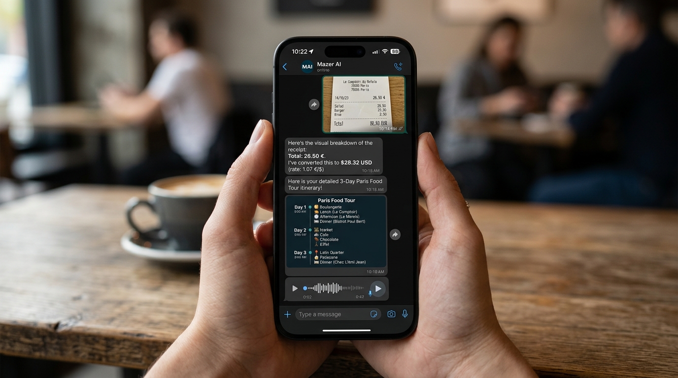 TripMazer WhatsApp companion showing flight gate updates and receipt logging