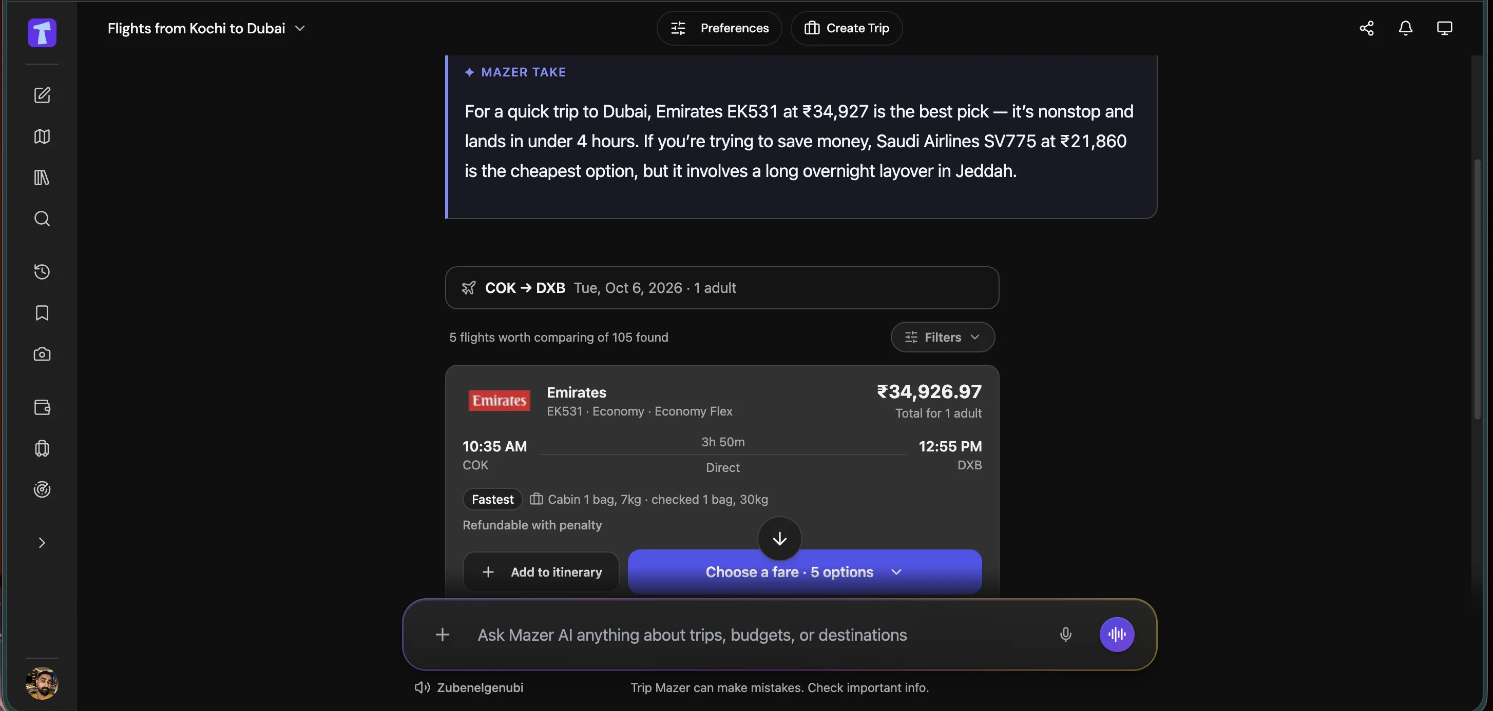 TripMazer direct flight and hotel reservation workspace with live prices
