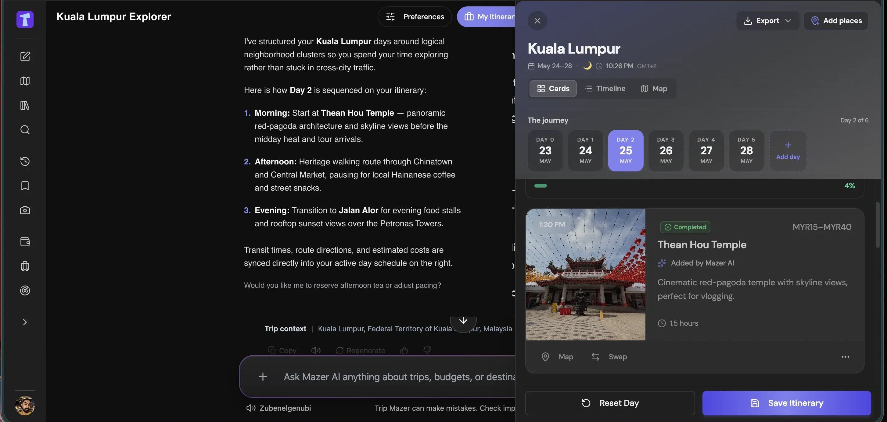TripMazer day-by-day itinerary planning view showing chronologically paced activities, transit buffers, and flight details