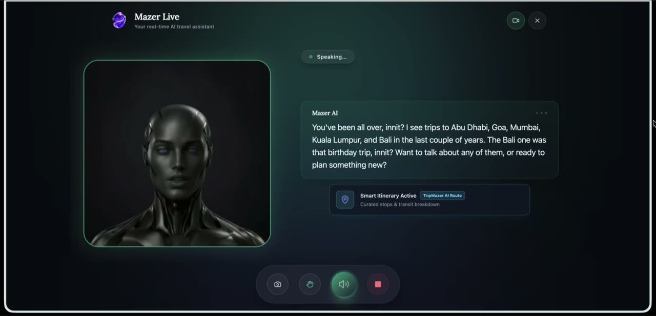 Mazer Live: Mazer on screen, listing the trips it remembers